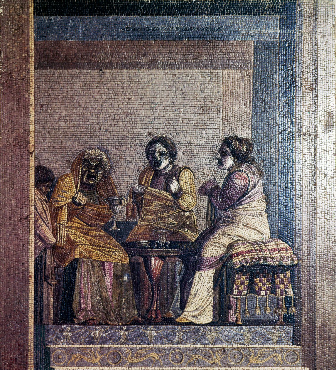 Romersk mosaik af scene fra leg med maskerede skuespillere, Villa of Cicero, Pompeji, c2. århundrede f.Kr. af Dioscurides of Samos