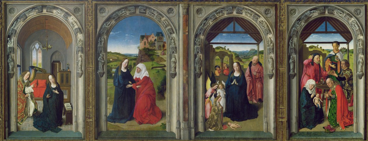 Triptykon, der viser bebudelsen, visitationen, englenes tilbedelse og magiernes tilbedelse, ca. 1445 (tempera på panel) af Dirck Bouts
