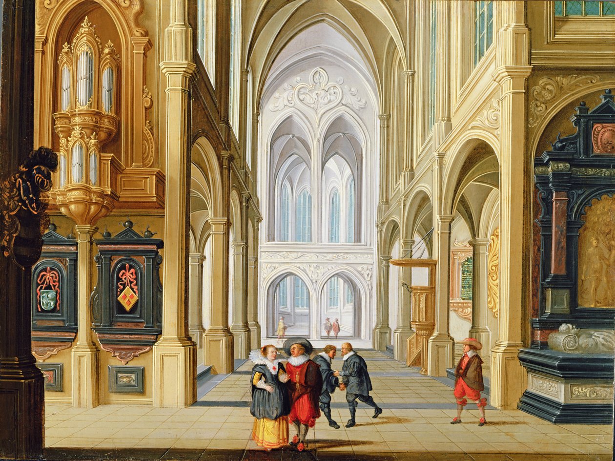 Elegante figurer i en gotisk kirke af Dirck van Deelen
