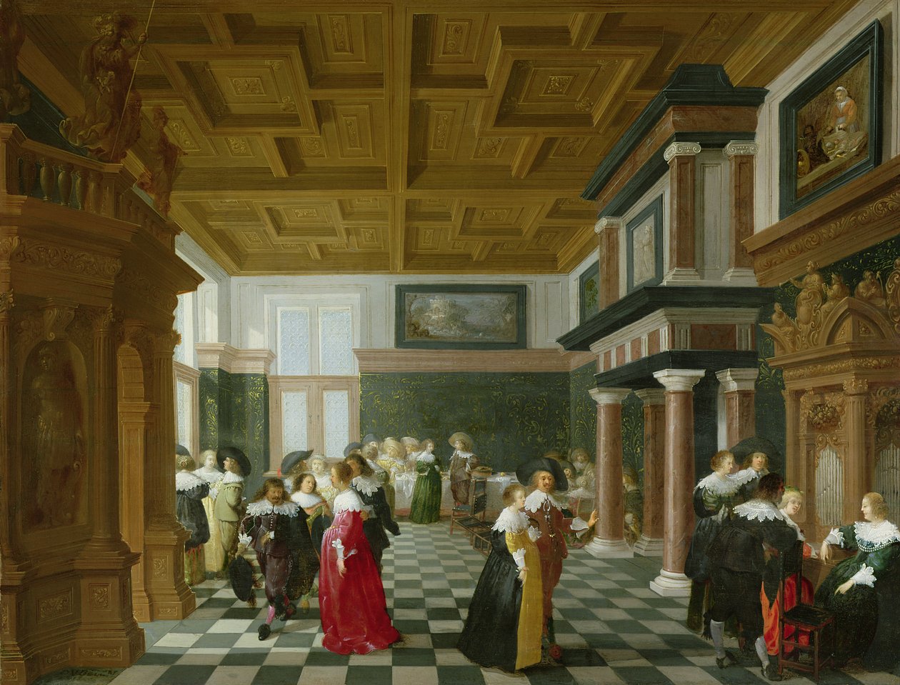 Elegante figurer, der danser i et interiør af Dirck van Delen