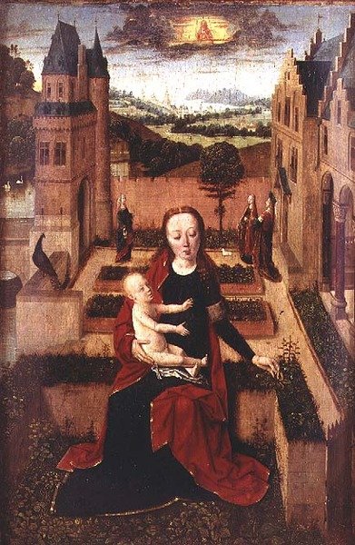 Madonna og barn sidder på en væg af Dirck (circle of) Bouts