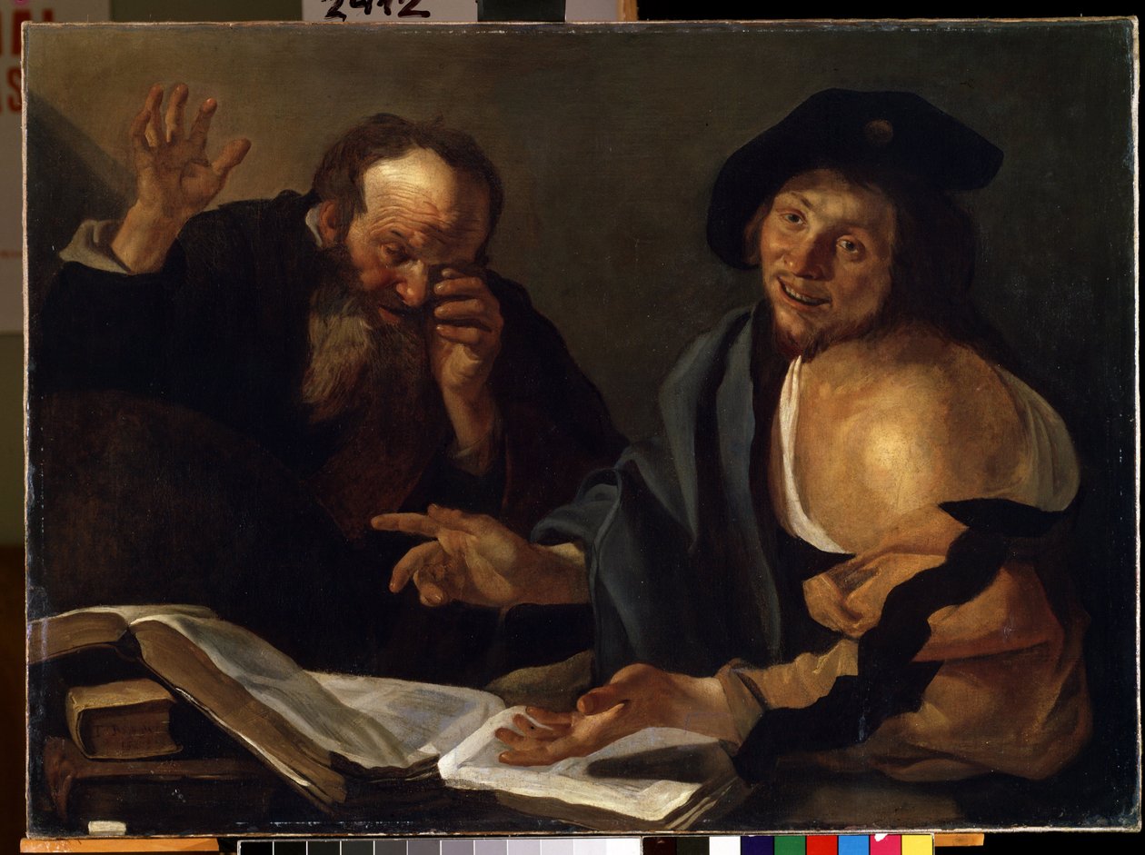 """"Heraklit og Demokrit"" De græske filosoffer Heraklit fra Efesos (Heraklit) (535-475 f.Kr.) og Demokrit (Demokrit) (460-370 f.Kr.). Maleri af Theodore van Baburen (Dirk Baburen) (1570/90-1623/4) Mikalo Fine Arts Museum fra det 17. århundrede af Dirck Baburen van