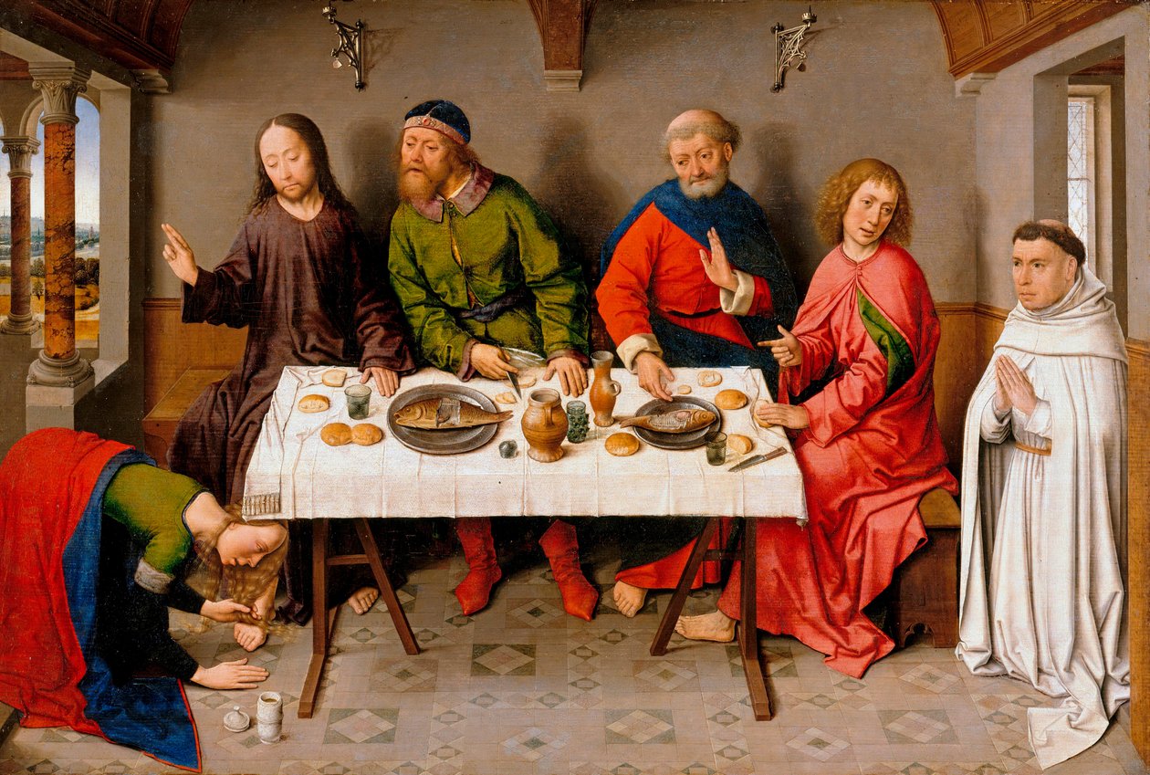 "Kristus hos farisæeren Simon" (Kristus i Simon Farisæerens hus) Maria Magdalene sender salve på Jesu fødder - Maleri af Dirk (Dieric) Bouts, dit le Vieux (1410/20-1475) , c 1450 - Olie på træ, 40,5x61 - Staatliche Museen, Berl af Dirck Bouts