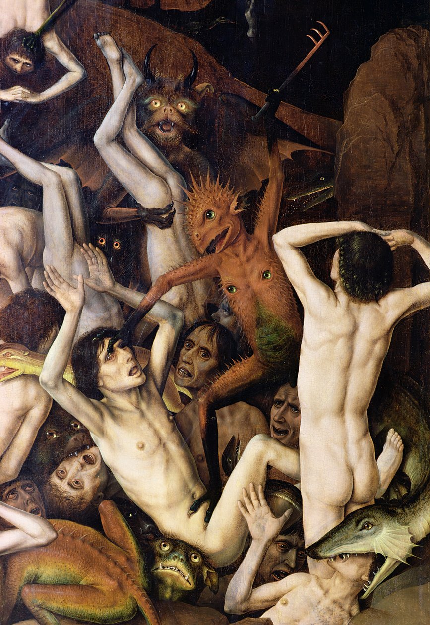 Helvede, detalje af en dæmon, der rammer de fordømte, ca. 1450 af Dirck Bouts