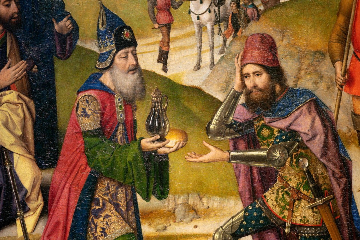 Sognekirke (Sankt Peter Sognekirke). maleri. Sidste aftensmad. Dirk Bouts. 1464-1468. Detalje. Venstre panel. af Dirck Bouts