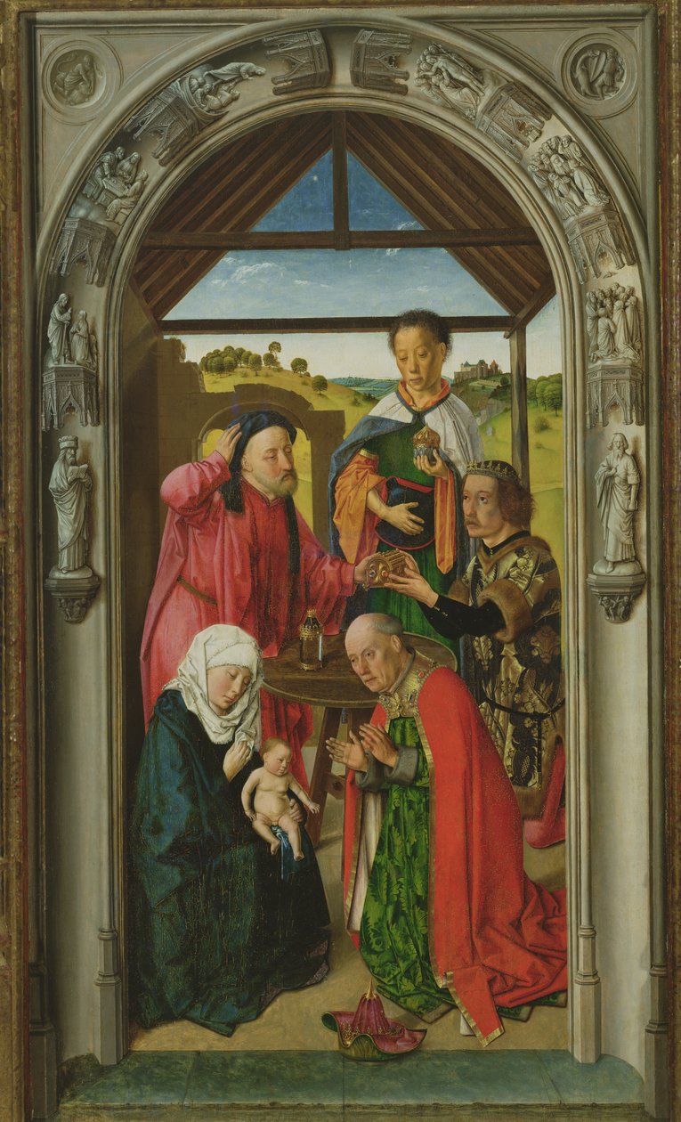 The Adoration of the Magi, c.1445 olie på paneldetalje af 36895 af Dirck Bouts