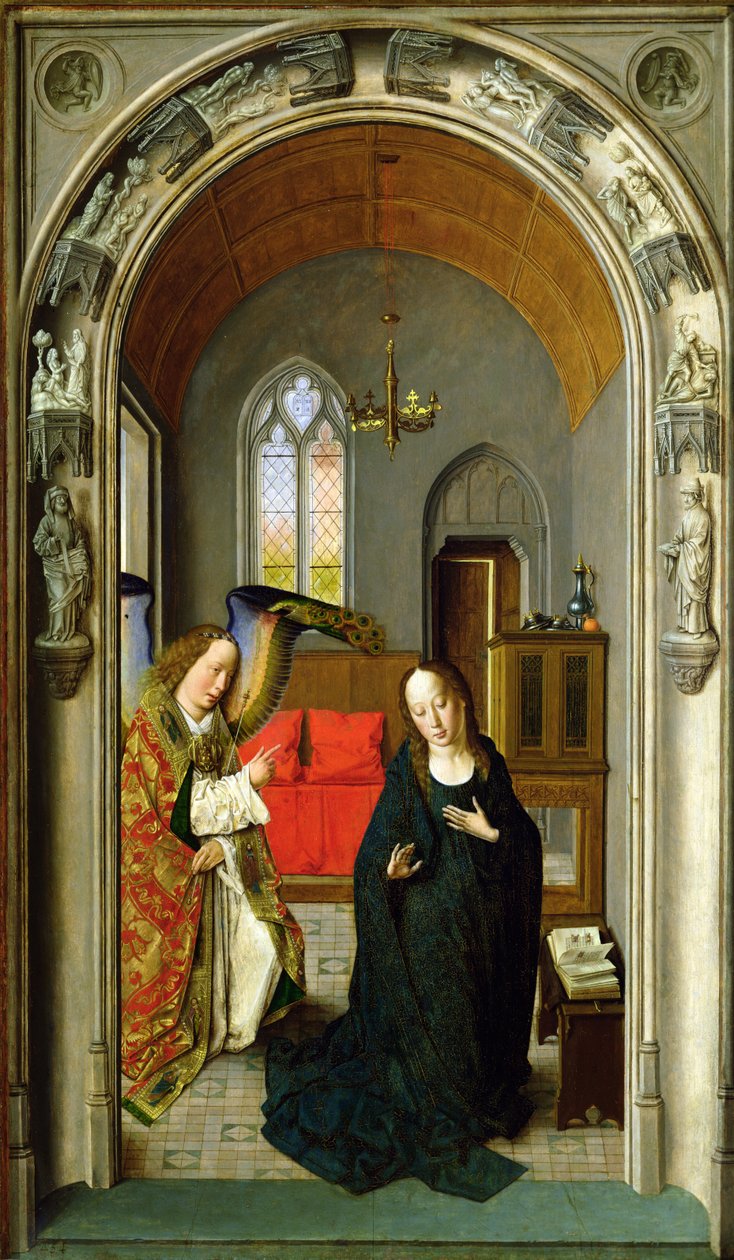 The Annunciation, c.1445 olie på panel detalje af 36895 af Dirck Bouts