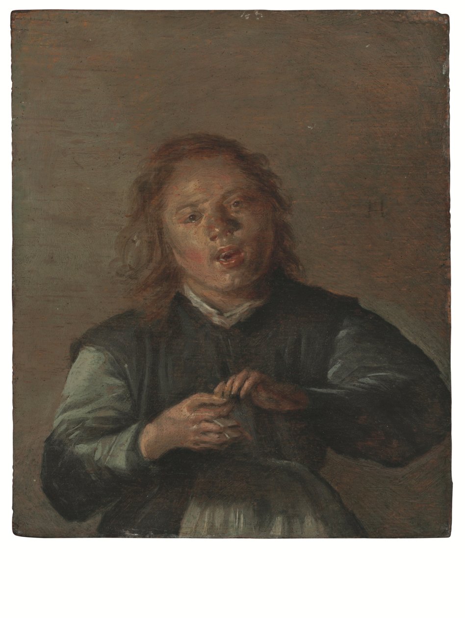 En dreng synger og spiller på klapperen (olie på panel) af Dirck Hals