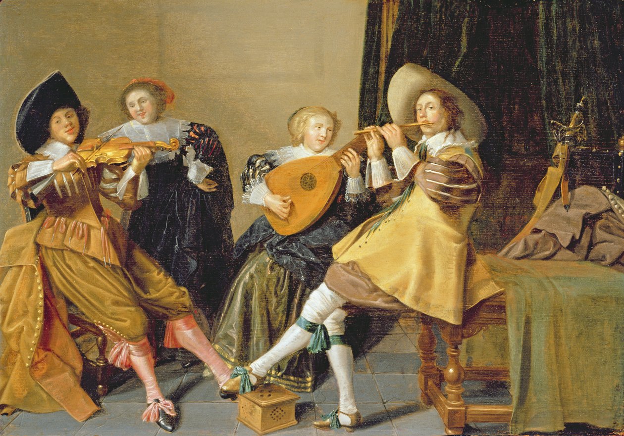 Et elegant selskab, der spiller musik i et interiør af Dirck Hals