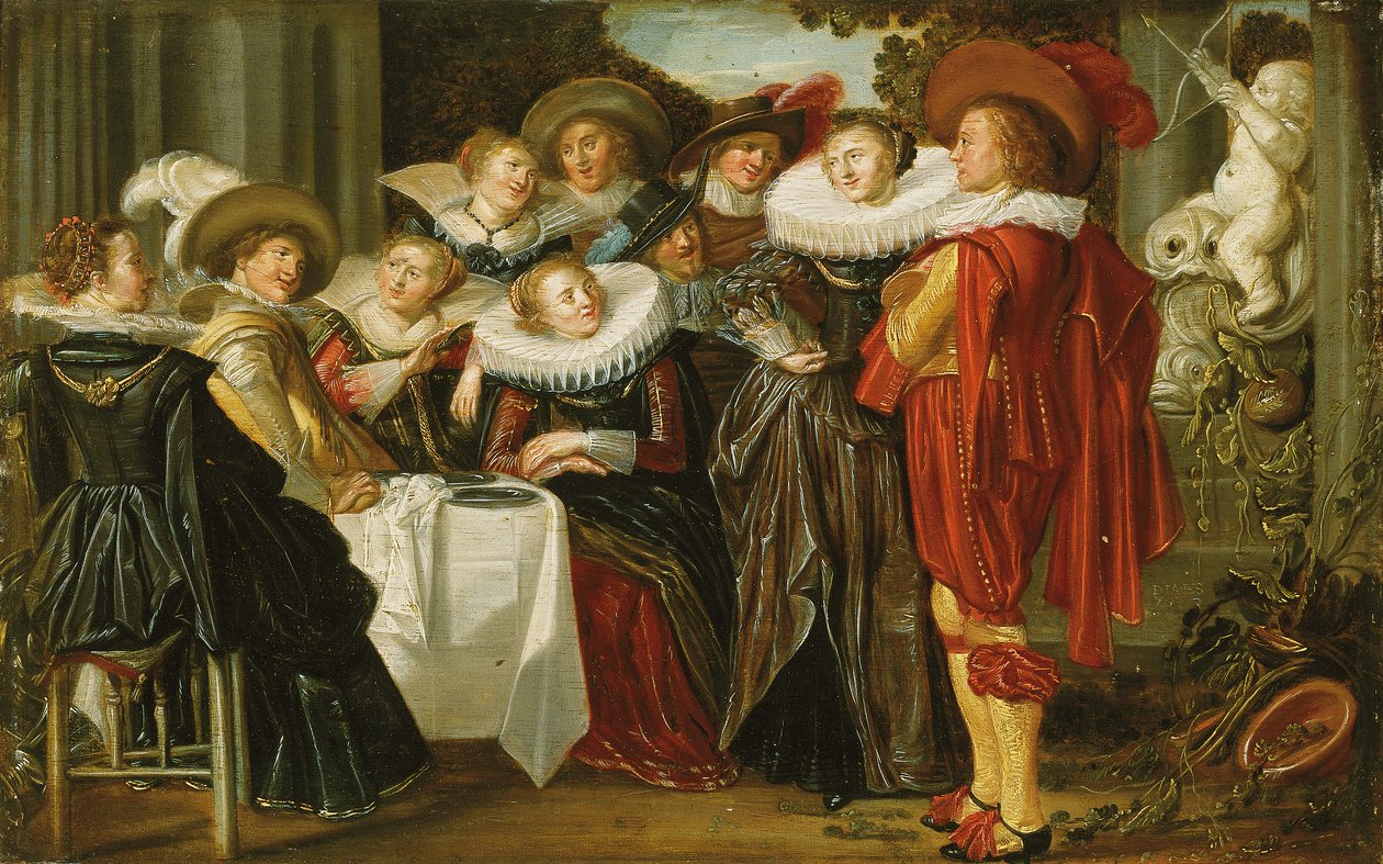 Et elegant selskab, der spiser frokost på en terrasse, 1623 af Dirck Hals