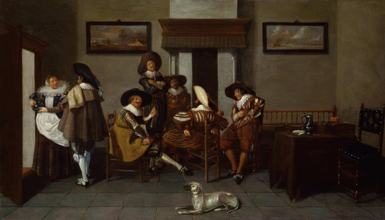 Dirck hals, elegant kl. Mænd og en tjenestepige af Dirck Hals