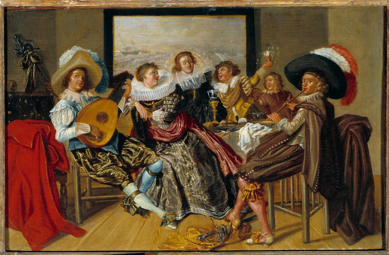 Galant møde Musikere og unge kvinder spiller musik og hæver deres briller til en fest. Maleri af Dirk Hals (1591-1656) 1625 søn. 0,3x0,46 m af Dirck Hals