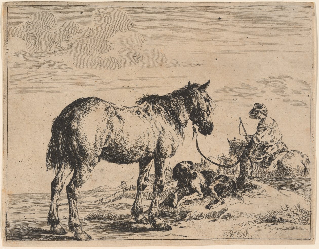 En hest bundet til en stolpe med en liggende hund af Dirck Stoop