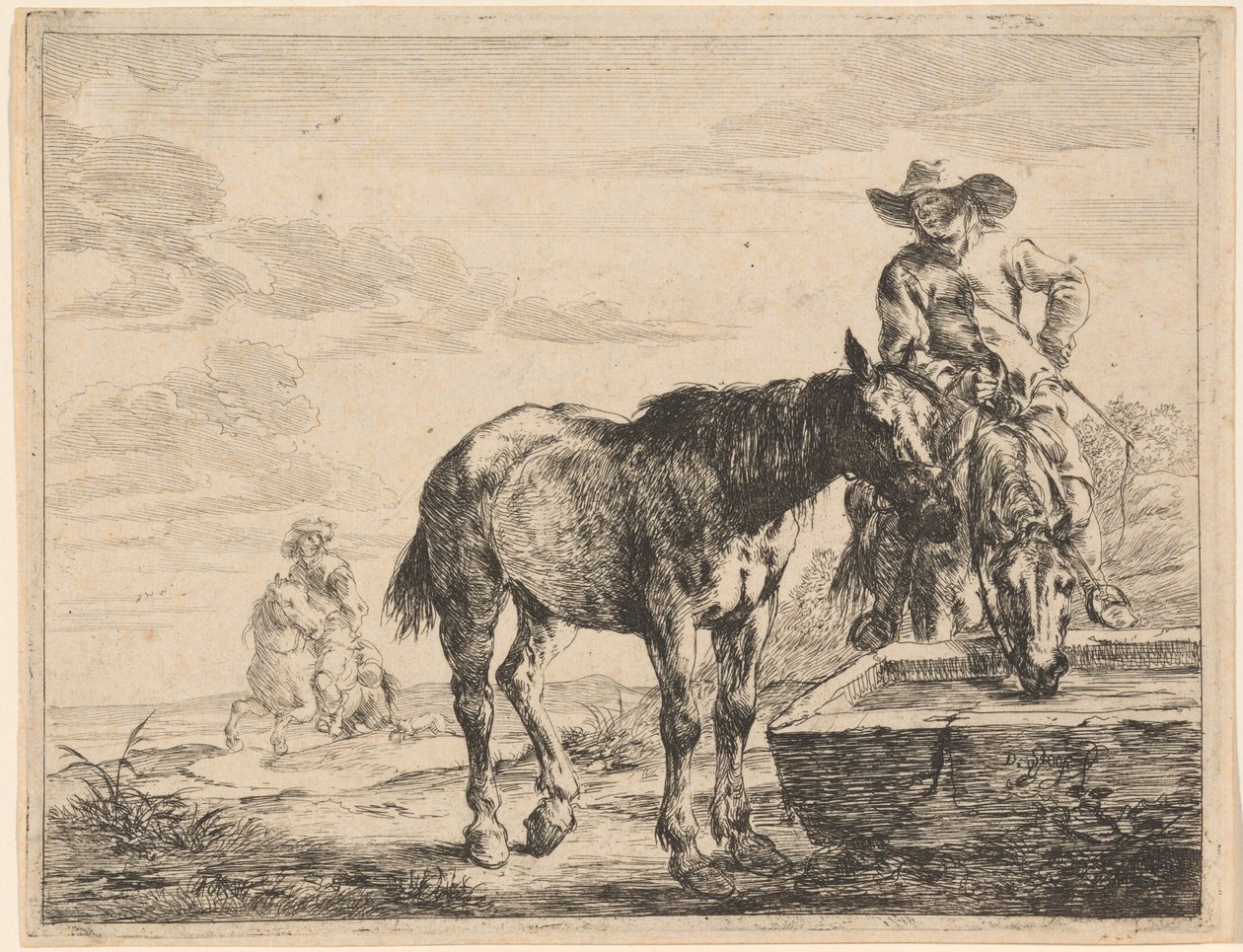 To heste drikker ved et trug af Dirck Stoop