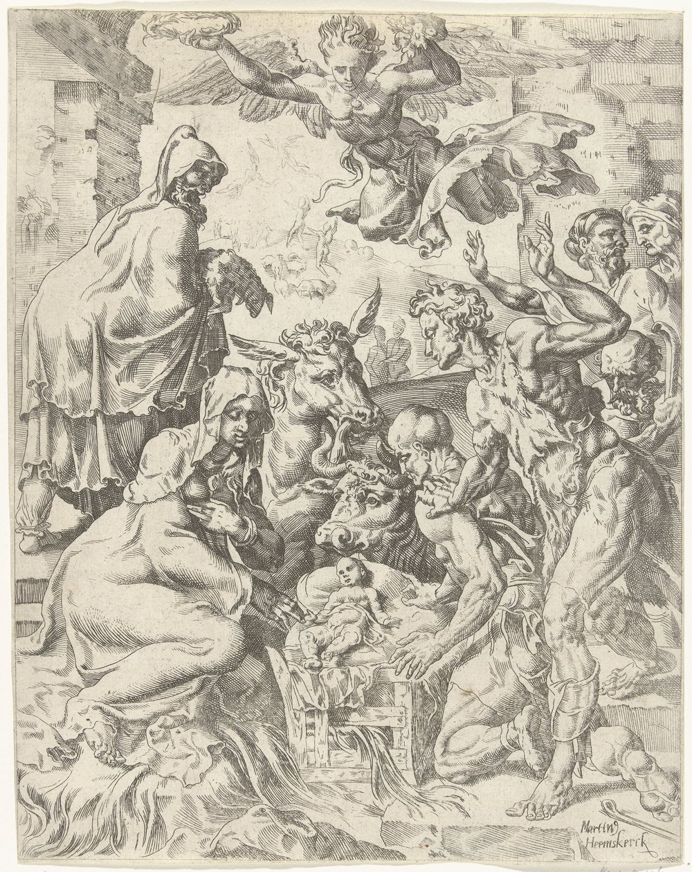 Tilbedelse af hyrderne Menneskehedens fald og forløsning gennem Kristi liv og lidenskab (serietitel) af Dirck Volckertsz. Coornhert (attributed to)