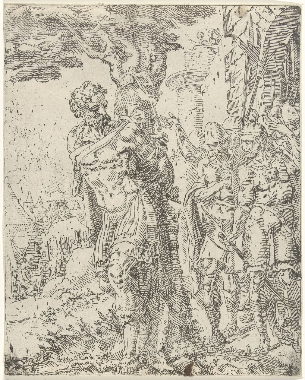 Achior bundet til et træ Judit og Holofernes (serietitel) af Dirck Volckertsz. Coornhert (attributed to)