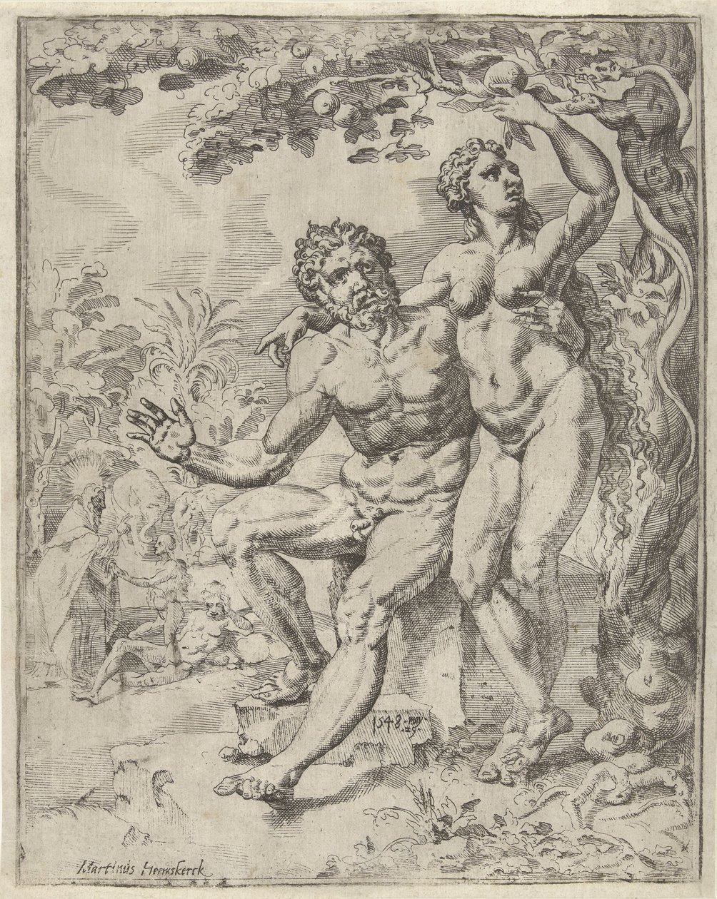 Adam og Eva høster den forbudte frugt Menneskehedens fald og forløsning gennem Kristi liv og lidenskab (serietitel) af Dirck Volckertsz. Coornhert (attributed to)