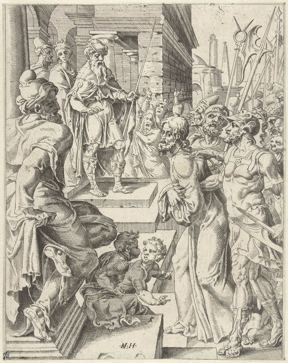 Kristus før Pilatus Menneskehedens fald og forløsning gennem Kristi liv og lidenskab (serietitel) af Dirck Volckertsz. Coornhert (attributed to)