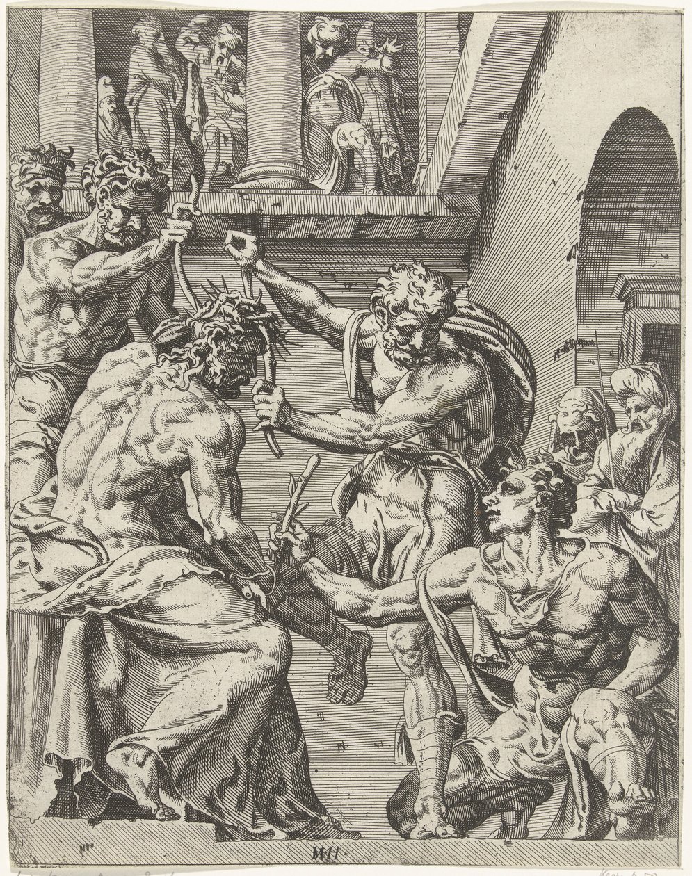 Kristus er kronet med tornekronen Menneskehedens fald og forløsning gennem Kristi liv og lidenskab (serietitel) af Dirck Volckertsz. Coornhert (attributed to)