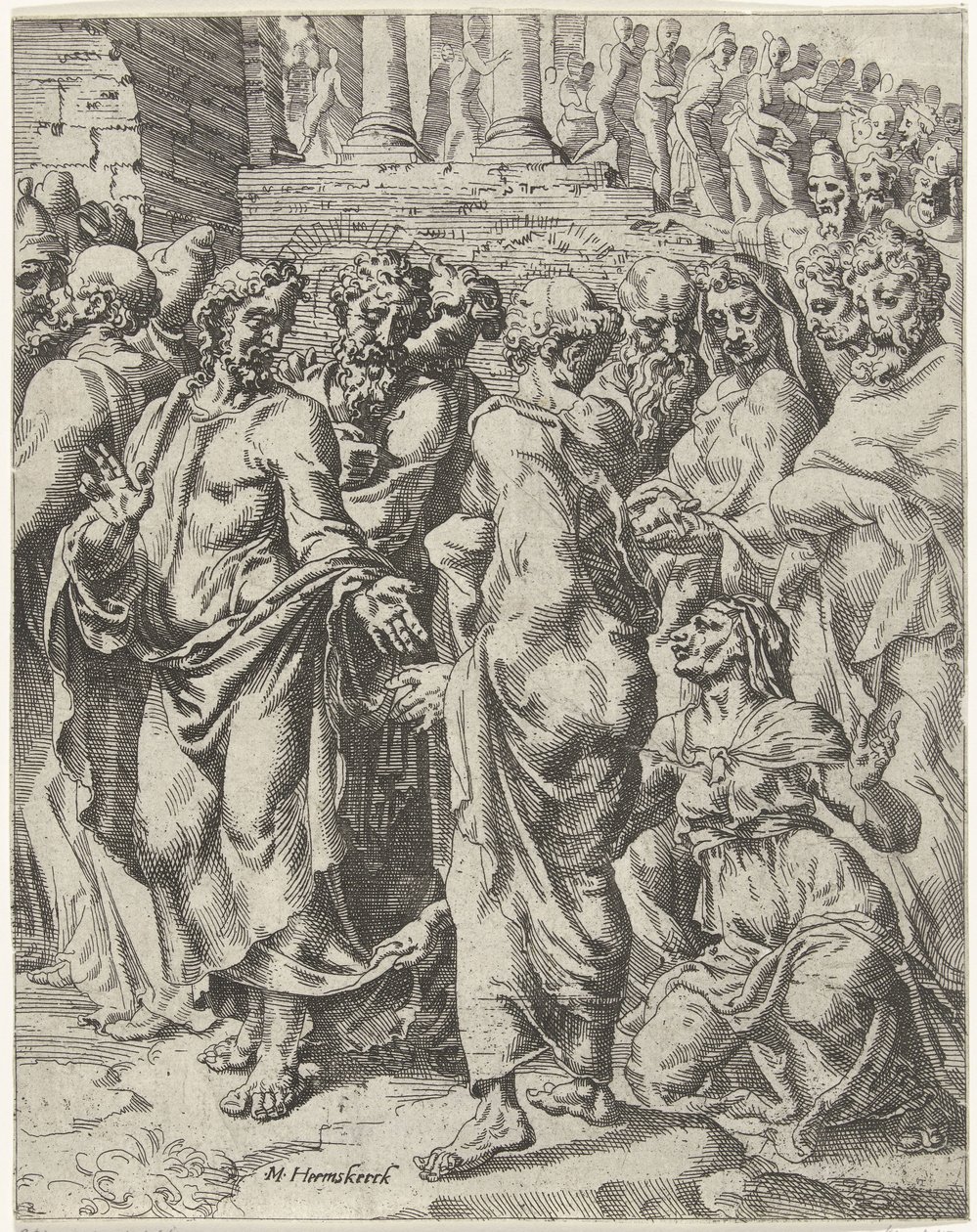Helbredelse af kvinden, der led af blødning Menneskehedens fald og forløsning gennem Kristi liv og lidenskab (serietitel) af Dirck Volckertsz. Coornhert (attributed to)
