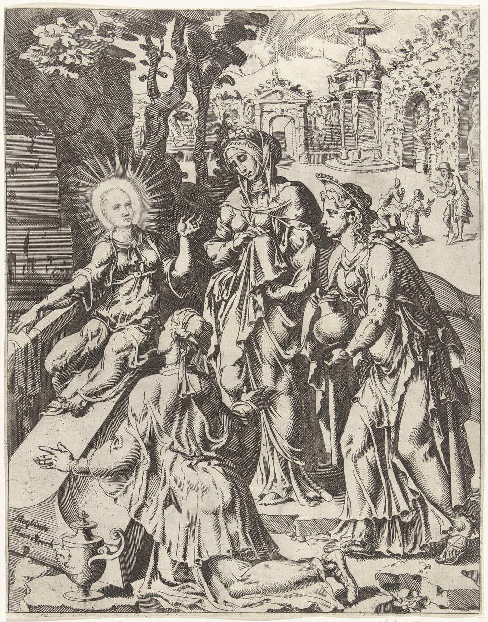Hellige kvinder ved graven Menneskehedens fald og forløsning gennem Kristi liv og lidenskab (serietitel) af Dirck Volckertsz. Coornhert (attributed to)