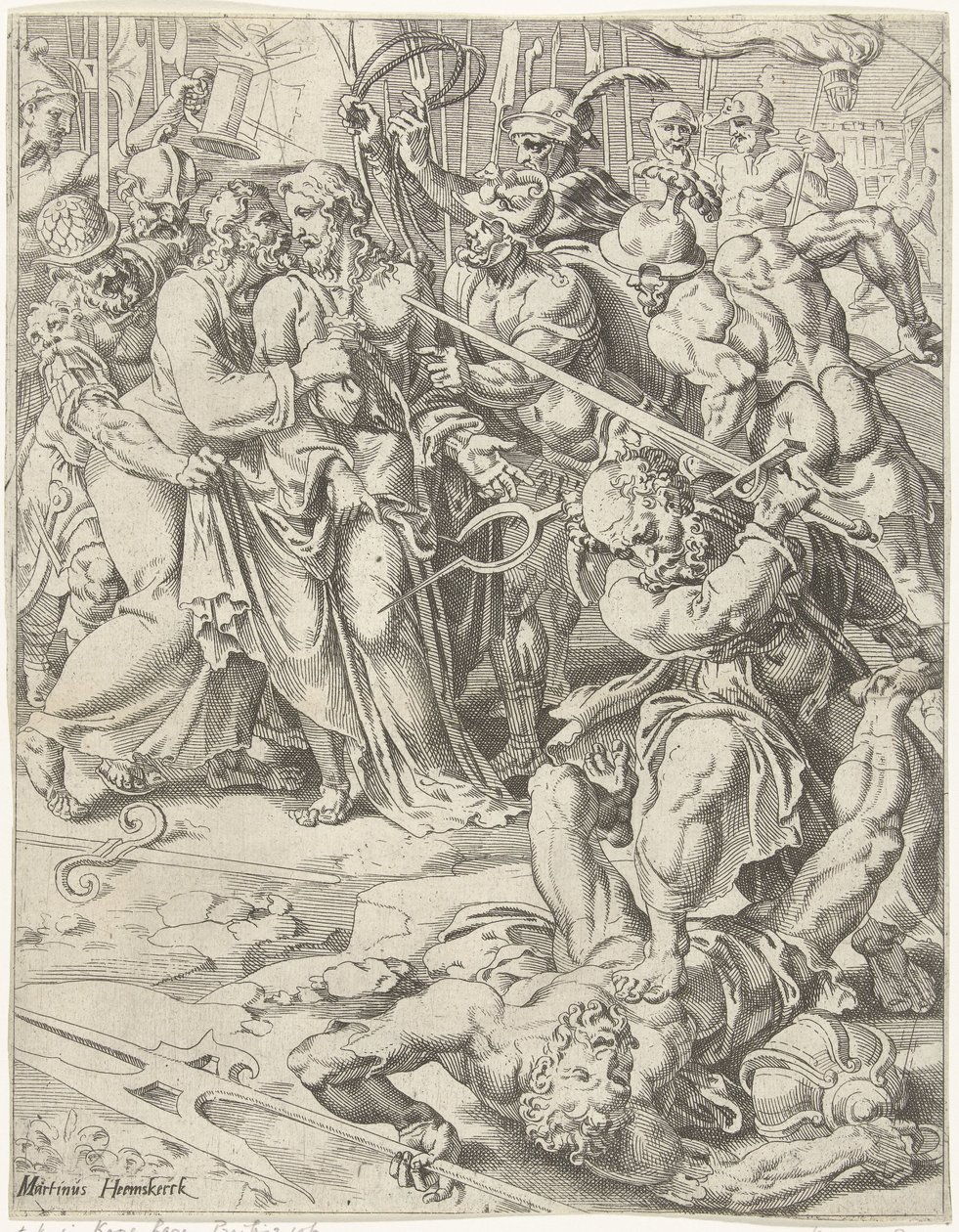 Judas Kys og Kristi arrestation Menneskehedens fald og forløsning gennem Kristi liv og lidenskab (serietitel) af Dirck Volckertsz. Coornhert (attributed to)
