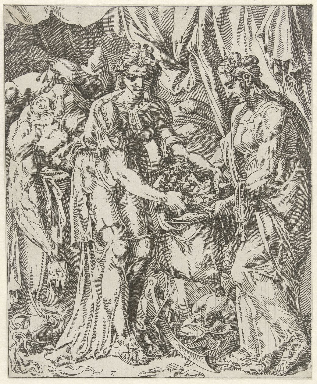 Judit lægger Holofernes hoved i en pose Judit og Holofernes (serietitel) af Dirck Volckertsz. Coornhert (attributed to)