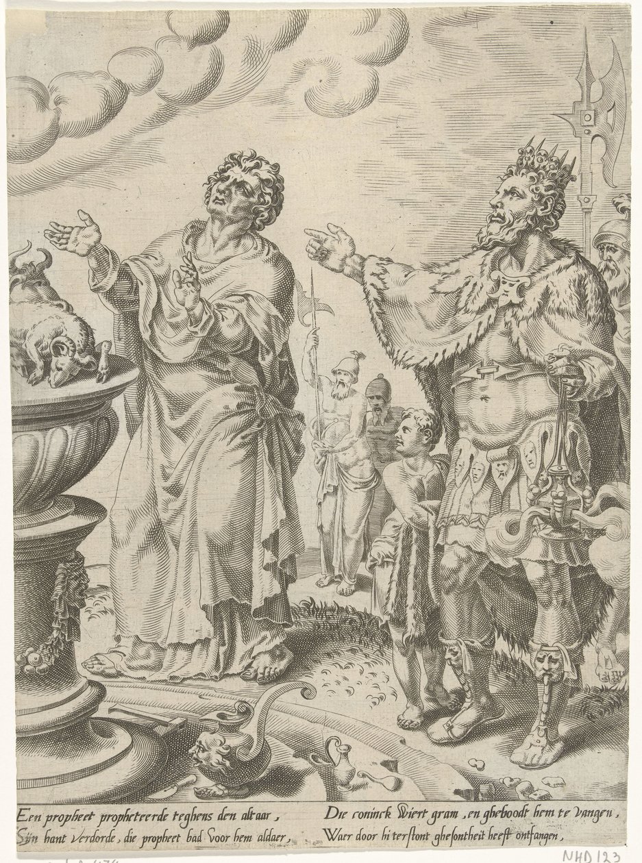 Kong Jeroboam og Guds mand foran alteret Historien om den ulydige Guds mand (serietitel) af Dirck Volckertsz. Coornhert (attributed to)
