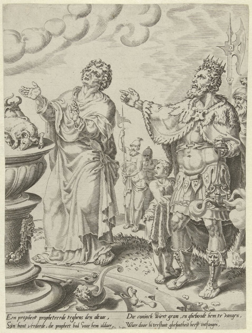 Kong Jeroboam og Guds mand foran alteret Historien om den ulydige Guds mand (serietitel) af Dirck Volckertsz. Coornhert (attributed to)