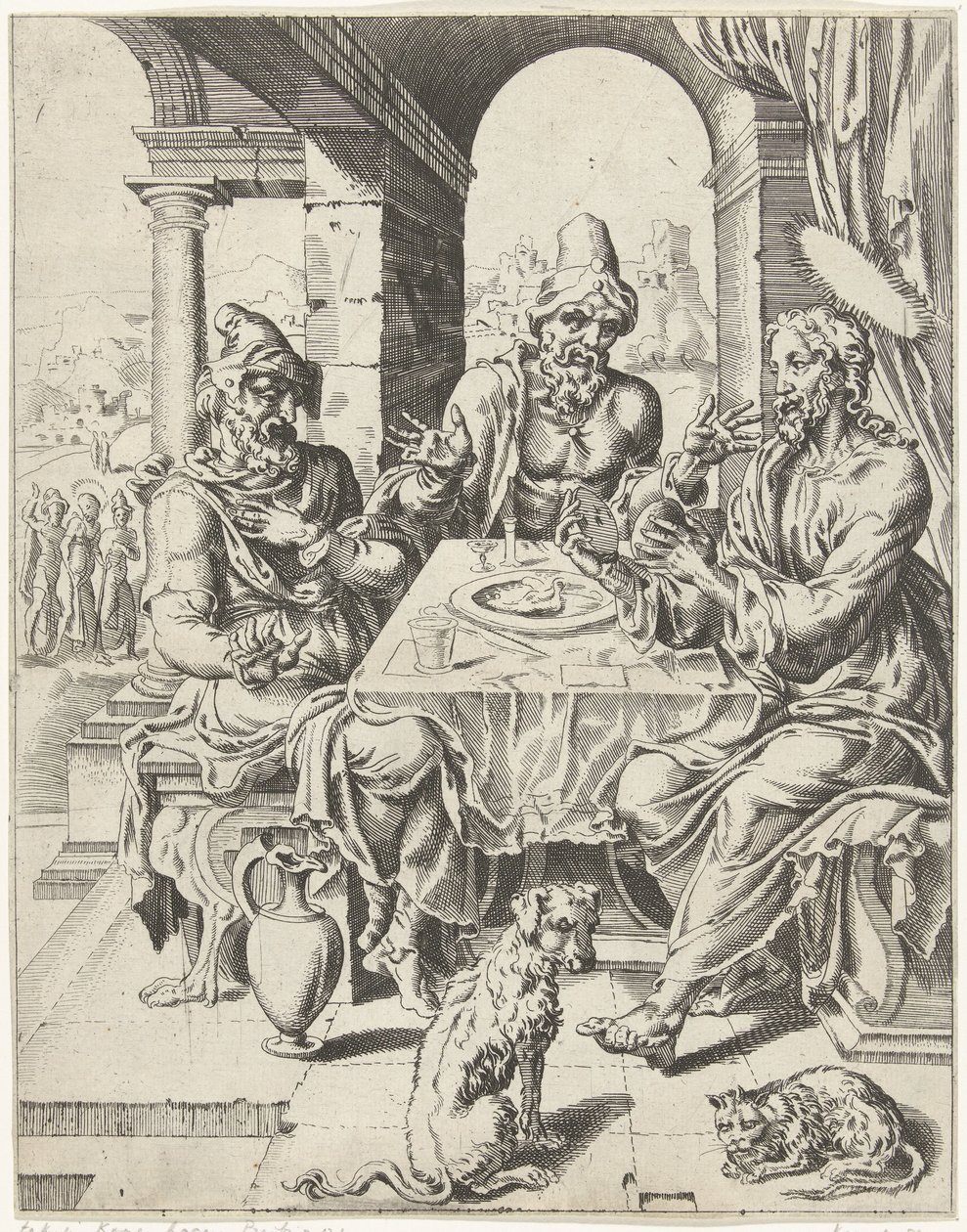 Måltid i Emmaus Menneskehedens fald og forløsning gennem Kristi liv og lidenskab (serietitel) af Dirck Volckertsz. Coornhert (attributed to)