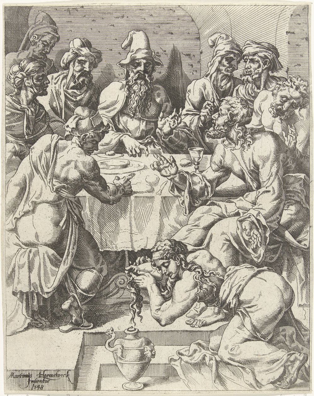 Maria Magdalene vasker Kristi fødder Menneskehedens fald og forløsning gennem Kristi liv og lidenskab (serietitel) af Dirck Volckertsz. Coornhert (attributed to)