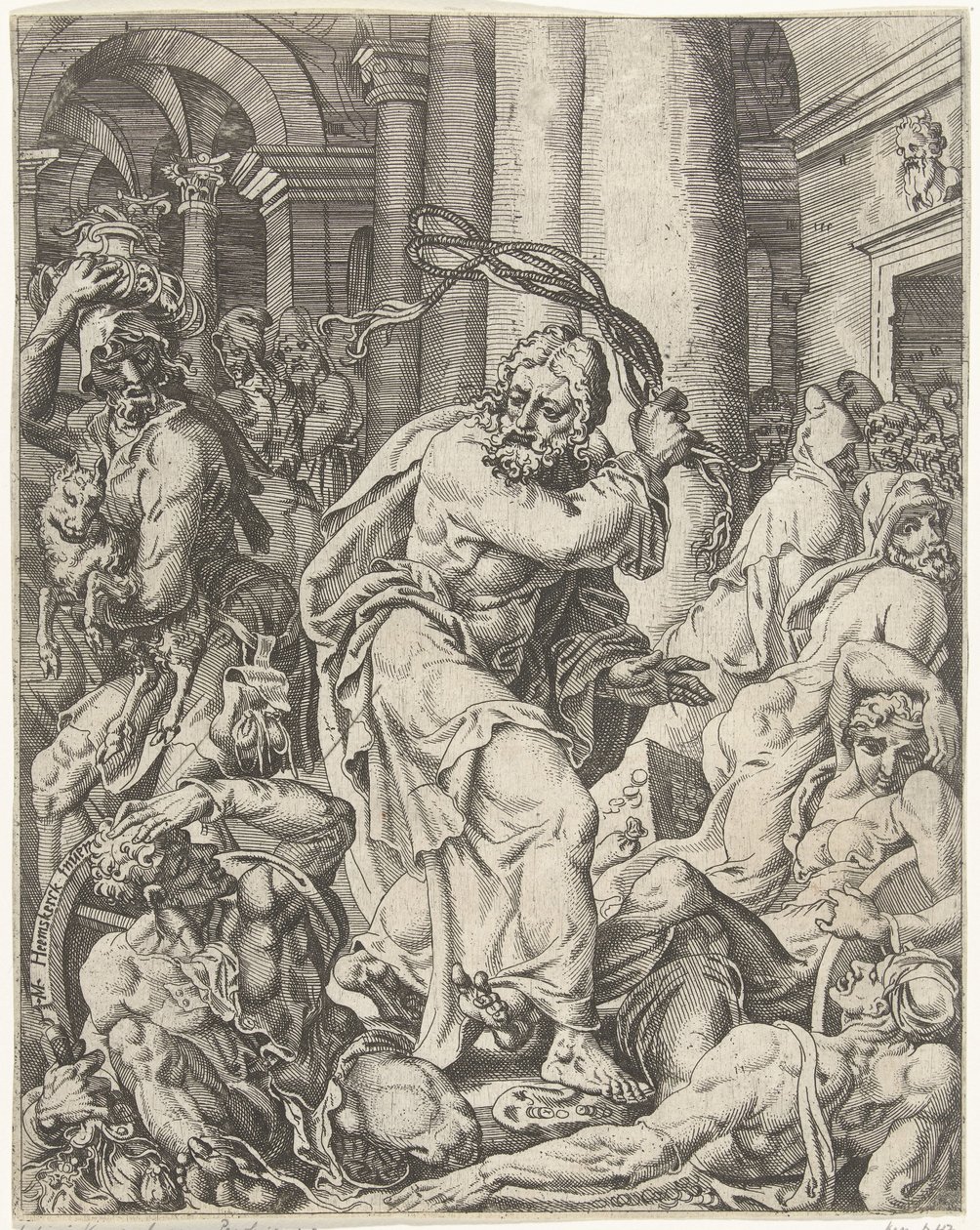 Udvisning af pengevekslerne fra templet Menneskehedens fald og forløsning gennem Kristi liv og lidenskab (serietitel) af Dirck Volckertsz. Coornhert (attributed to)