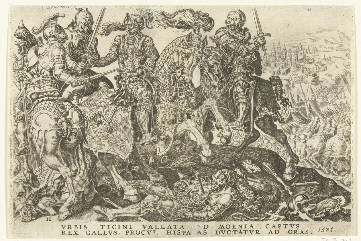 Tilfangetagelse af Frans I i slaget ved Pavia, 1525 Victories of Charles V (serietitel) Divi Caroli. v. imp. opt. max. victoriae, ex multis praecipuae (serietitel) af Dirck Volckertsz. Coornhert (possibly)
