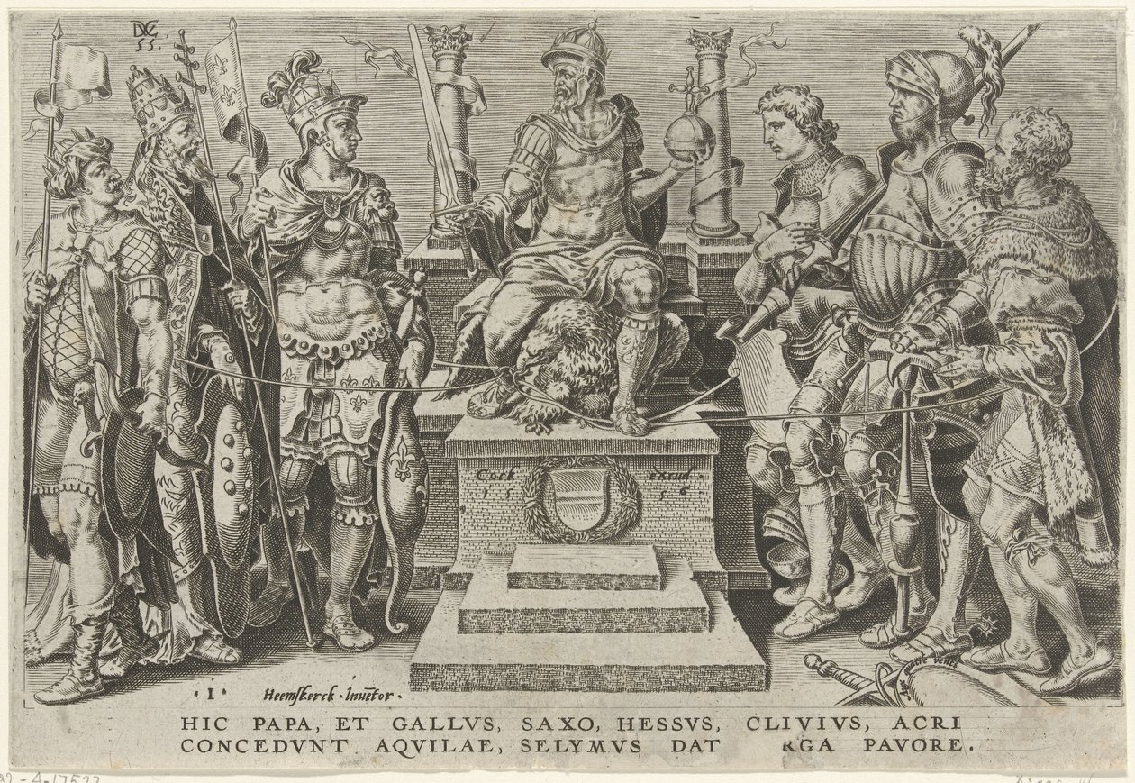 Kejser Karl V omringet af sine besejrede modstandere Victories of Charles V (serietitel) Divi Caroli. v. imp. opt. max. victoriae, ex multis praecipuae (serietitel) af Dirck Volckertsz. Coornhert