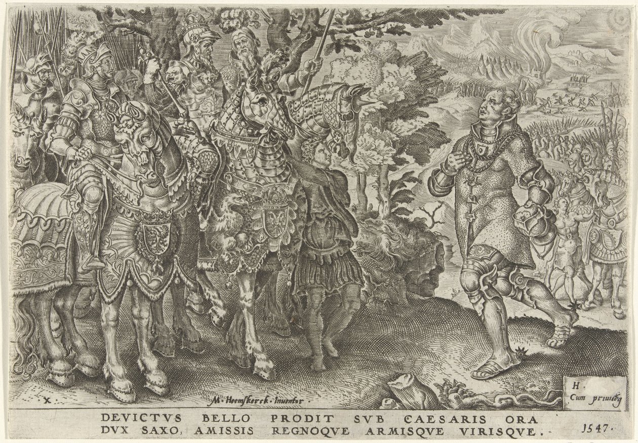 Overgivelse af hertugen af ​​Sachsen på slagmarken i Mühlberg, 1547 Victories of Charles V (serietitel) Divi Caroli. v. imp. opt. max. victoriae, ex multis praecipuae (serietitel) af Dirck Volckertsz. Coornhert