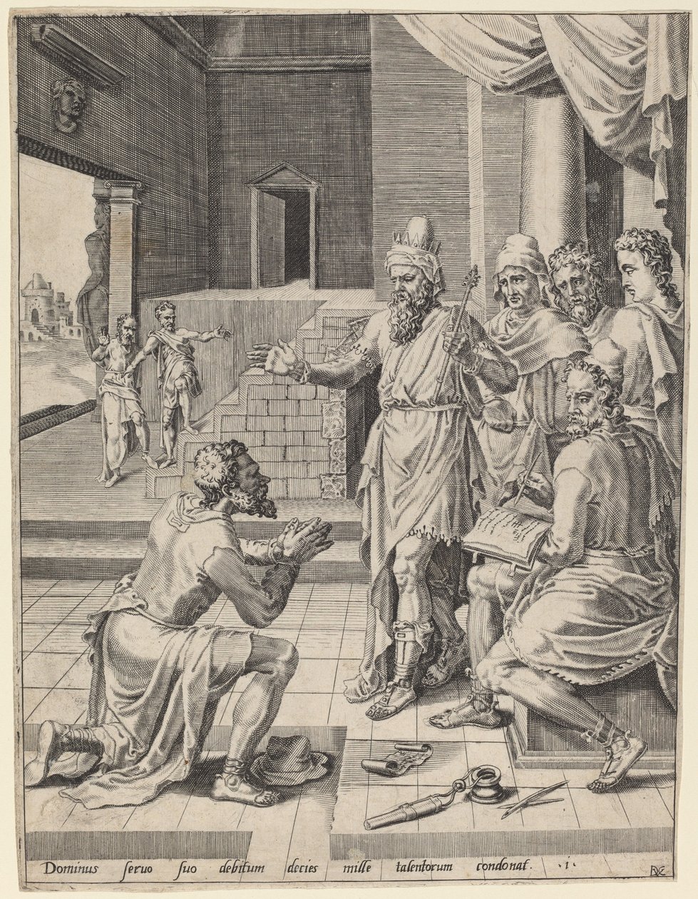 Kongen eftergiver sin tjener sin gæld af Dirck Volckertz Coornhert after Maerten van Heemskerck