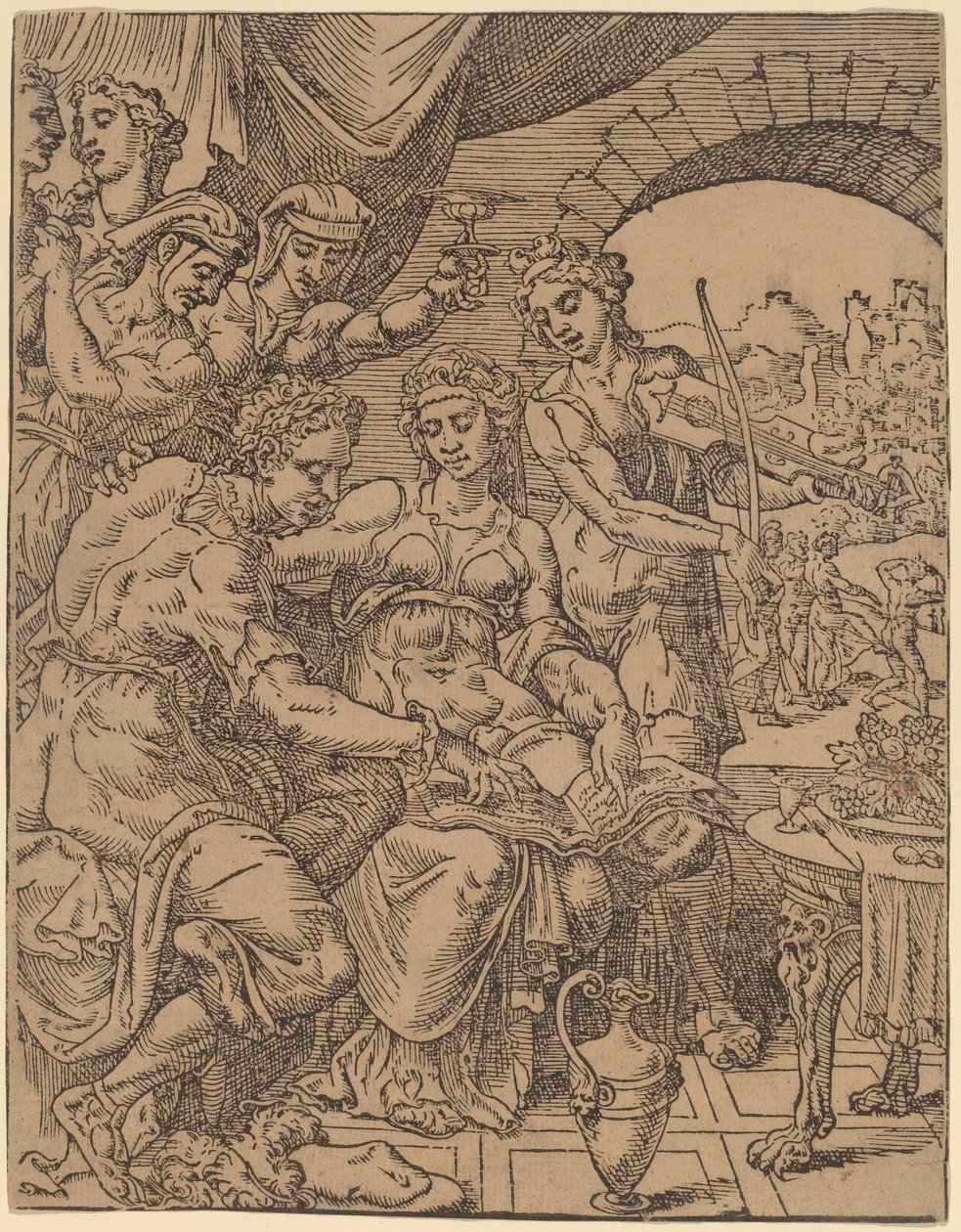 Den fortabte søn, der spilder sin arv på skøger af Dirck Volckertz Coornhert after Maerten van Heemskerck