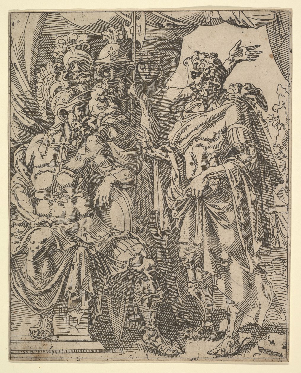 Achior bønfalder Holofernes for israelitterne, fra Historien om Judith og Holofernes. af Dirck Volkertsen Coornhert