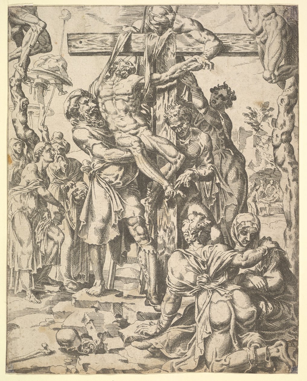Nedstigningen fra korset, fra menneskehedens fald og frelse gennem livet og pa..., 1548. af Dirck Volkertsen Coornhert