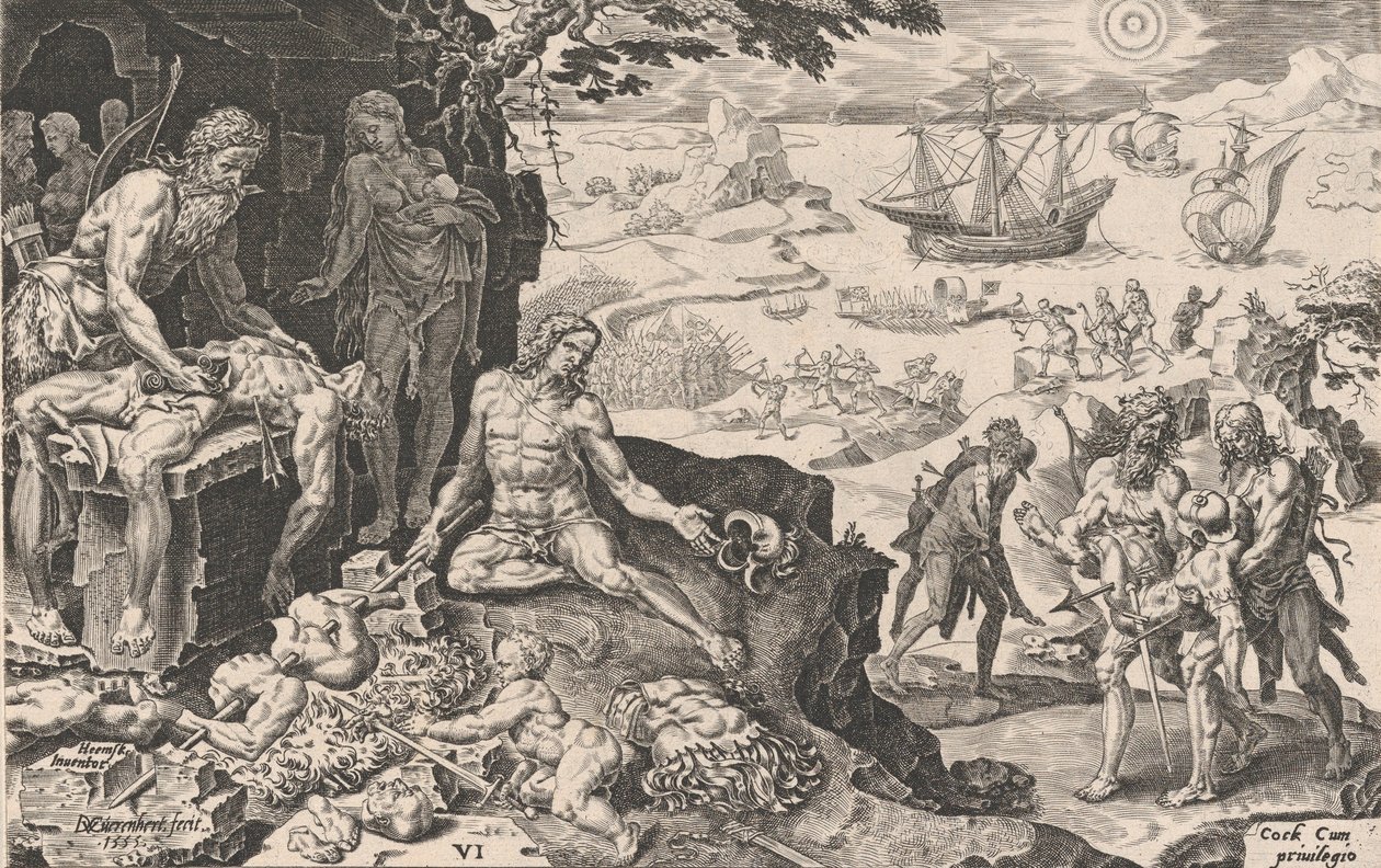 De kejserlige tropper, der bringer civilisationen til indianerne, fra Kejser Ch...s sejre, 1555. af Dirck Volkertsen Coornhert