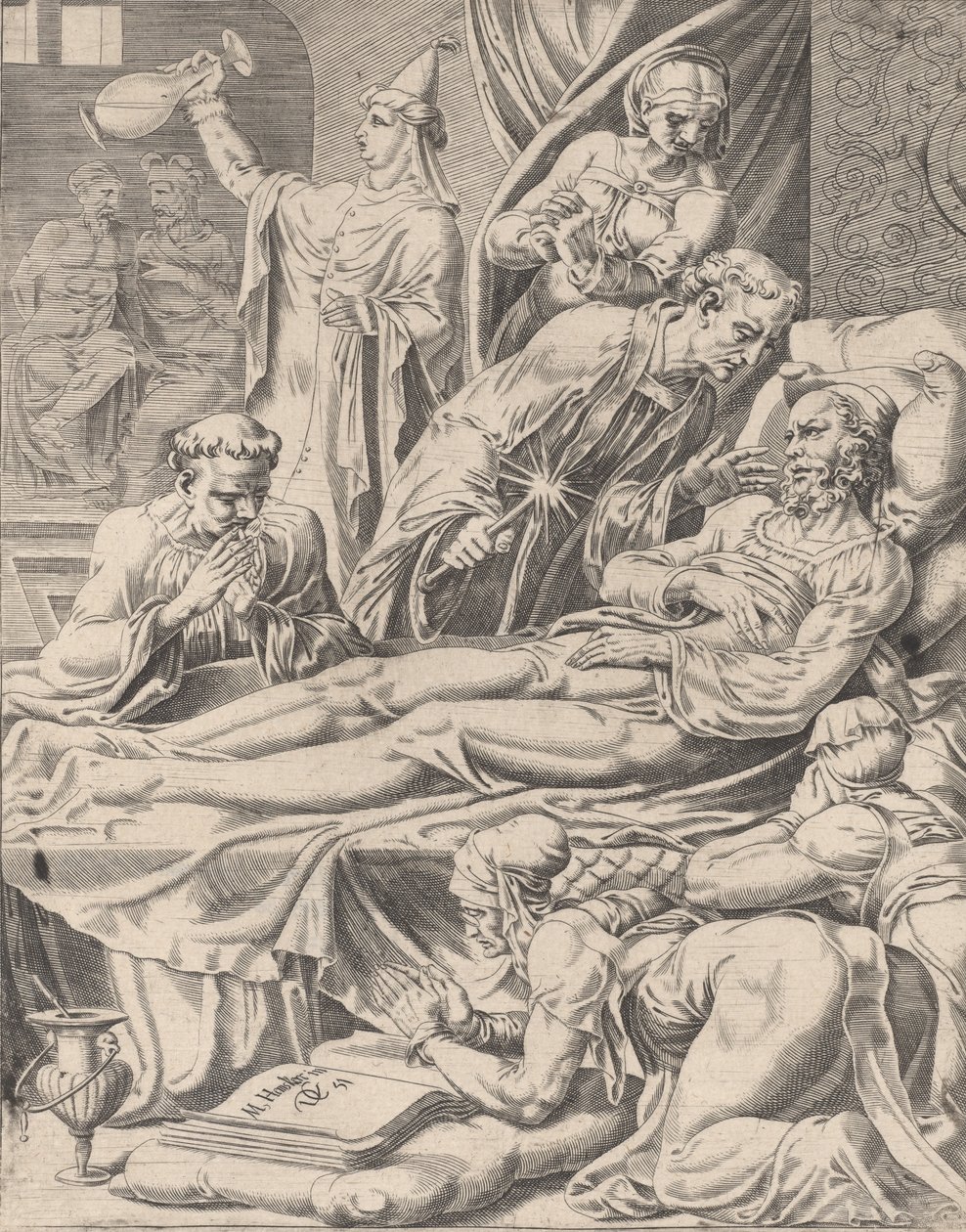 Den rige mand på sit dødsleje, fra Lignelsen om Lazarus og den rige mand, plade 2, 1551. af Dirck Volkertsen Coornhert