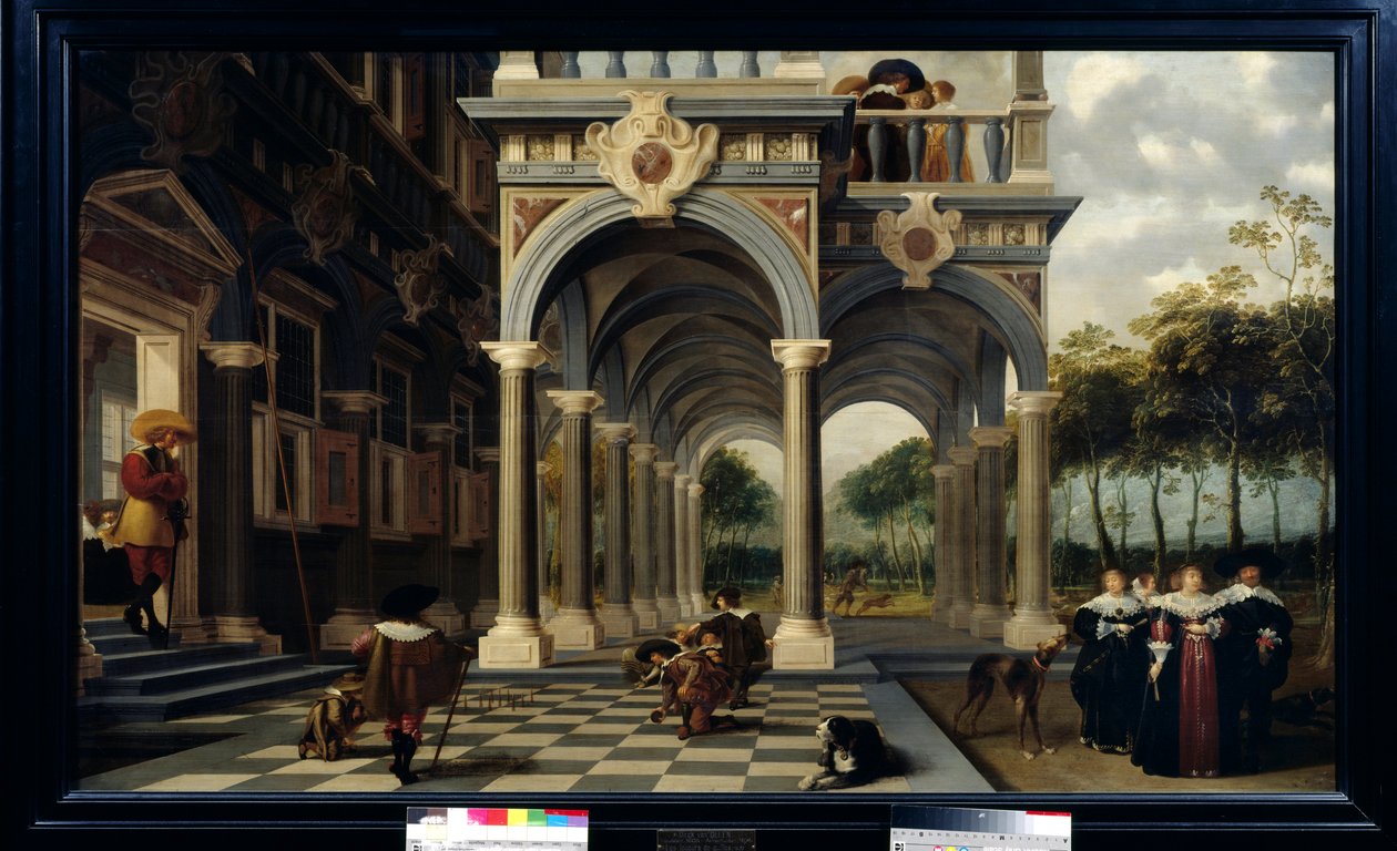 Bowl-spillere Spil bowling på et skakternet gulv. Maleri af Dirk Van Delen (1605-1671) af Dirck van Delen