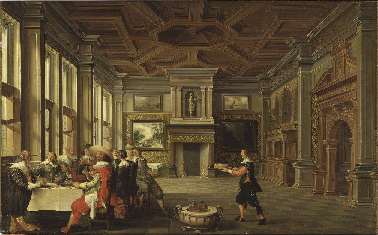 Diner distingue dans un interieur - Distinguished Dinner Company in an Interior, af Delen, Dirck van (ca. 1605-1671). Olie på lærred af Dirck van Delen