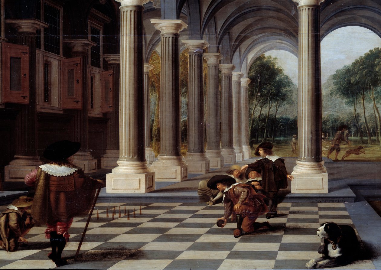 Skitel Players Spil bowling på et skakternet gulv. Detalje. Maleri af Dirck Van Delen (1605-1671) af Dirck van Delen