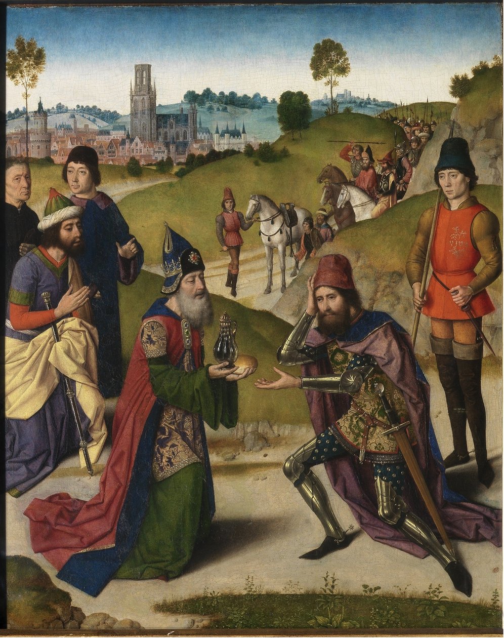Den sidste nadver altertavle: møde mellem Abraham og Melkisedek venstre fløj, 1464-1468 af Dirk Bouts