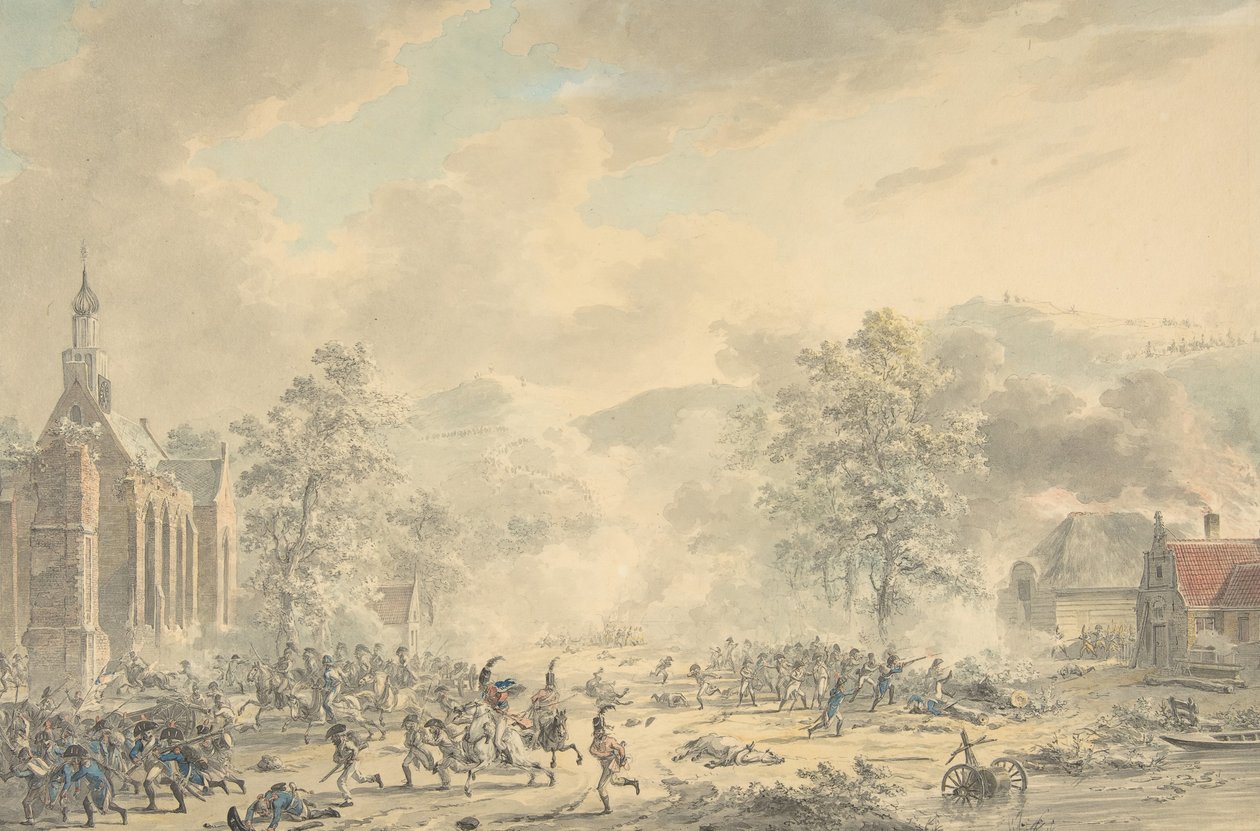 Slagscene med kirke til venstre, ca. 1790-1800. af Dirk Langendijk