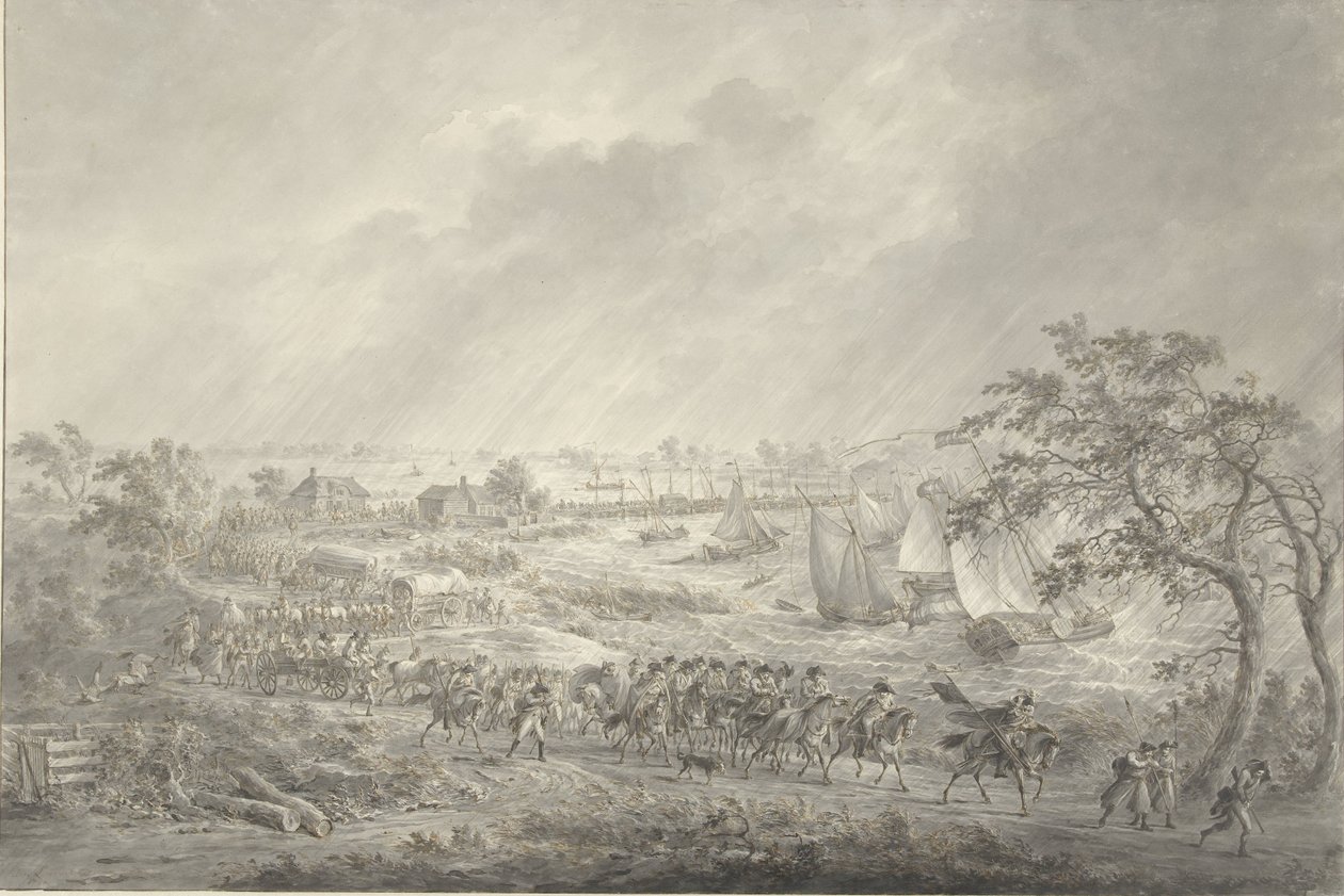 Krydsning af de engelske og hannoveranske tropper fra Nijmegen til fasten over skibsbroen over Waal, 7. november 1794 af Dirk Langendijk