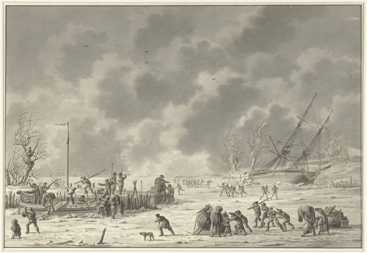 Landzatens flyvninger på Texel, januar 1795 Kanonmanden Bootens og Landzaatens Vlugt i december måned 1794 (titel på objekt) af Dirk Langendijk