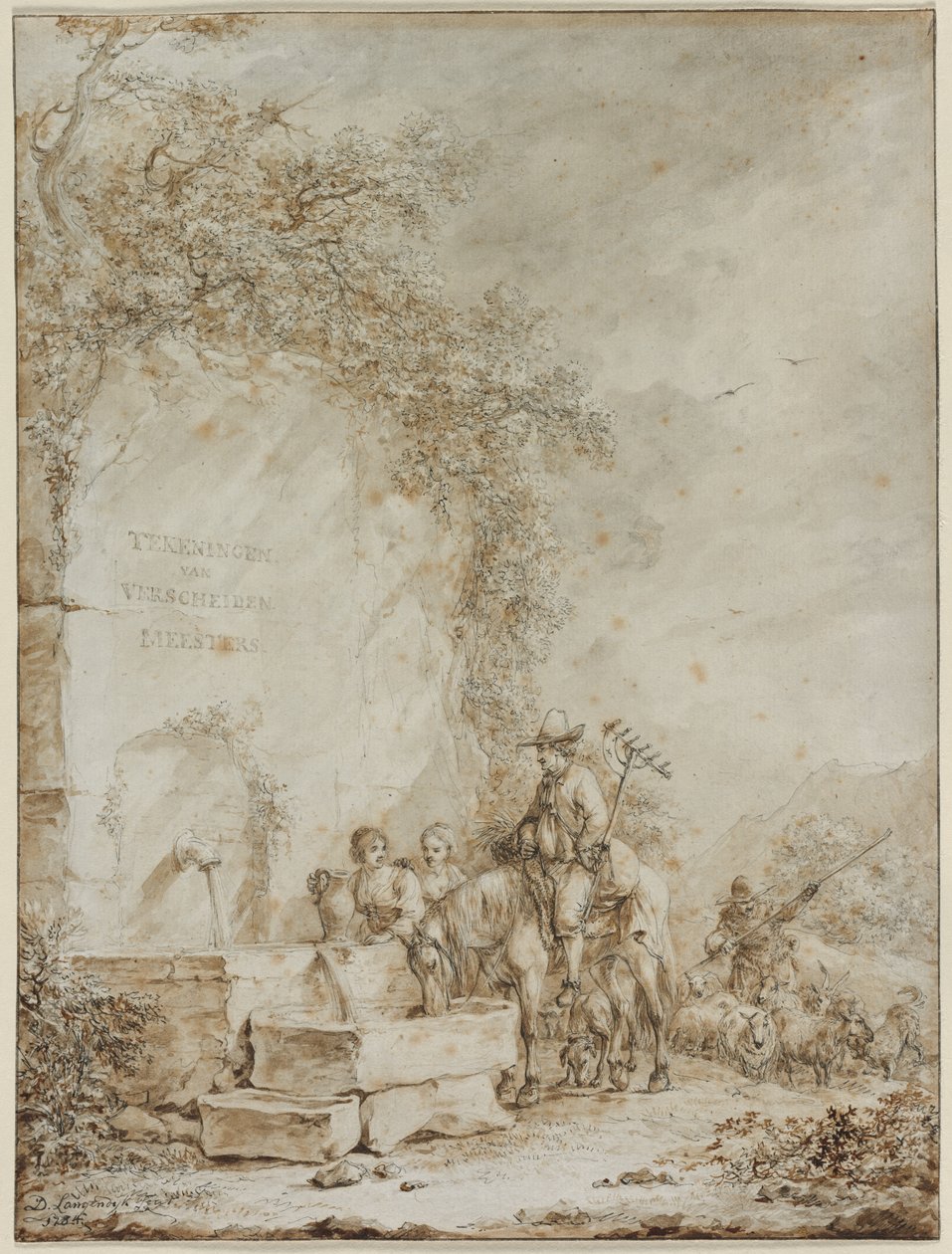 Frontispice til et album med tegninger: Bønder ved en springvand, 1784. af Dirk Langendyk
