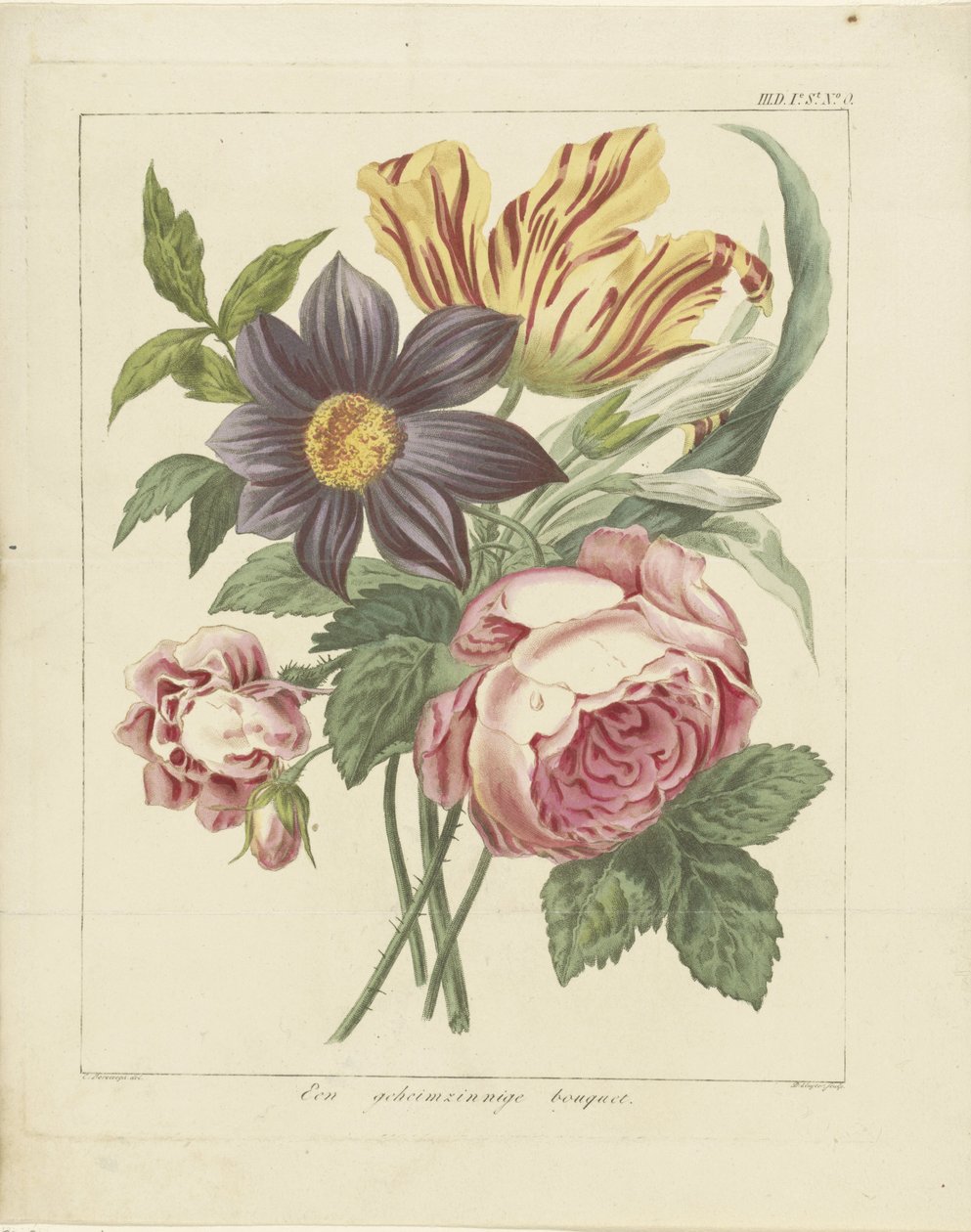 Buket blomster med pæon og tulipan En mystisk buket (titel på objekt) af Dirk Sluyter